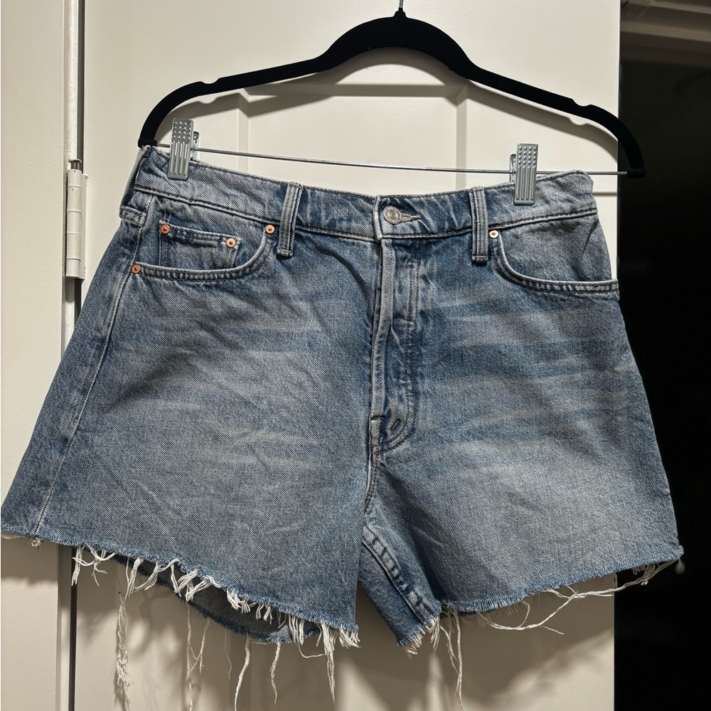 MOTHER Blue Jean Shorts High-Waisted Distressed